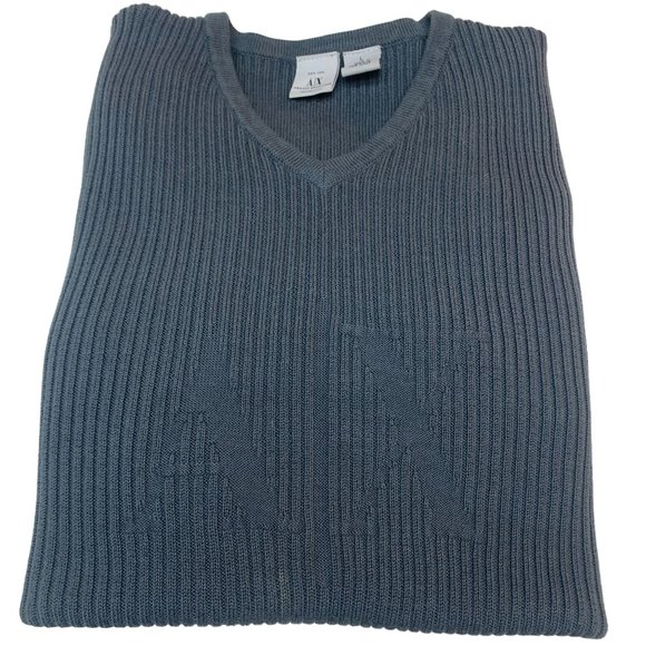 ARMANI EXCHANGE‎ Midnight Blue Ribbed Knit Logo V Neck Long Sleeve Sweater - Picture 10 of 11